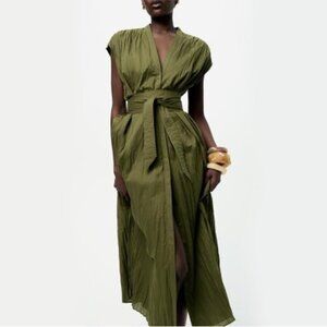 Zara ZW Collection Belted Wrinkled Dress Khaki